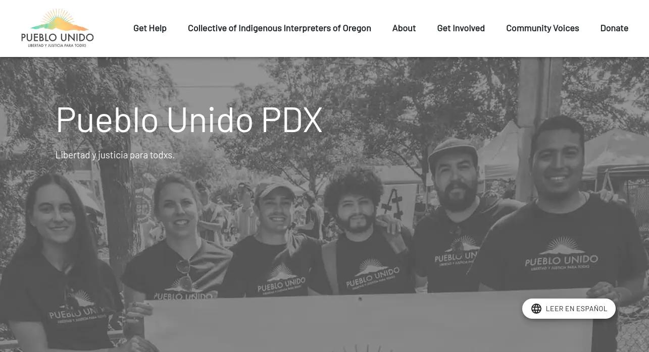 The homepage of Pueblo Unido PDX.